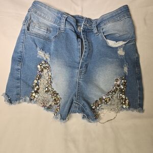 SHEIN Light Blue Distressed Jean Shorts with Rhinestones